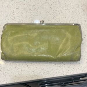 Hobo Lauren Green Leather Clutch with Vintage Sheen and Metal Clasp